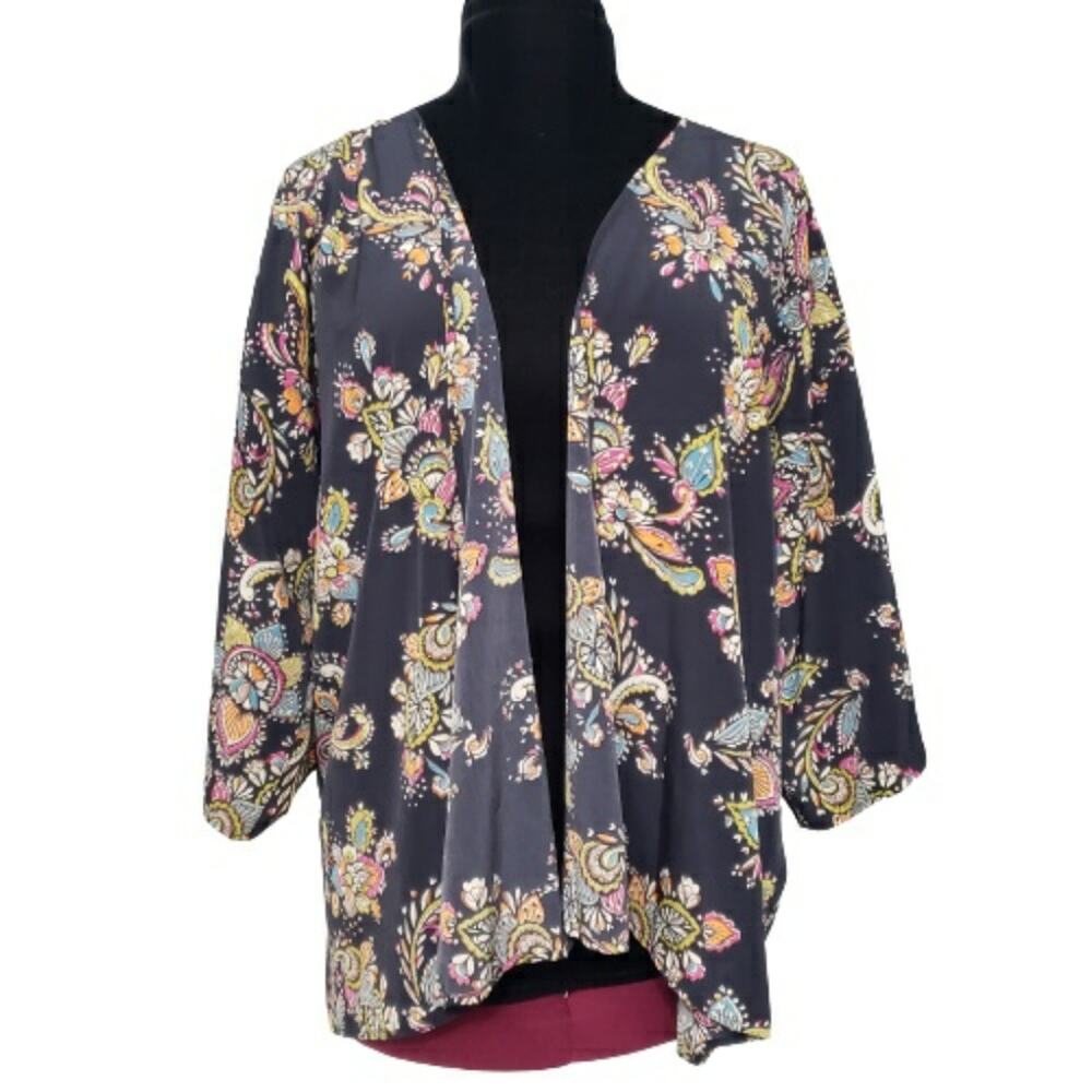Blue Multi Color Floral Half Sleeve Open Cardigan Kimono Medium